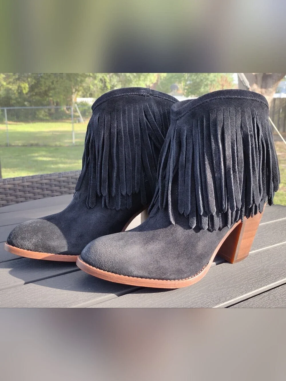 Frye Llana Black Suede Fringe Ankle Boots Western Boho Block Heel
